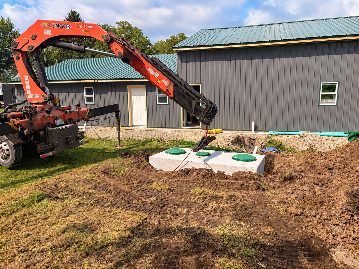 Septic tank being set at an installation site